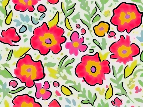 Színes Zökkenőmentes Minta Virágokkal Levelekkel Kézzel Rajzolt Illusztráció — Stock Fotó