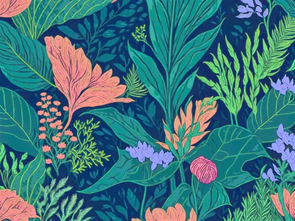 Patrón Inconsútil Colorido Con Flores Árboles Dibujado Mano — Foto de Stock