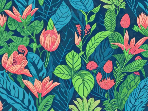 Buntes Nahtloses Muster Mit Blumen Und Bäumen Handgezeichnet — Stockfoto