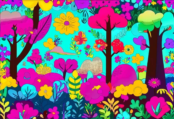 Buntes Nahtloses Muster Mit Blumen Und Bäumen Handgezeichnet — Stockfoto
