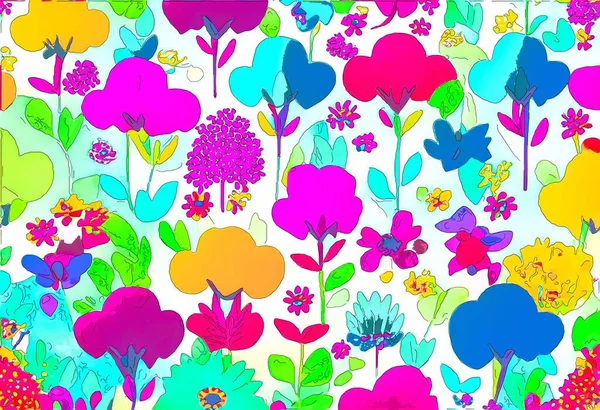 Bezbarwny Wzór Kwiatami Drzewami Ręcznie Rysowane — Zdjęcie stockowe