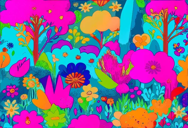 Цветные Бесшовные Узоры Цветами Деревьями Рисунок — стоковое фото