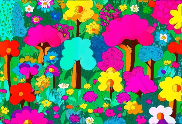 Patrón Inconsútil Colorido Con Flores Árboles Dibujado Mano —  Fotos de Stock