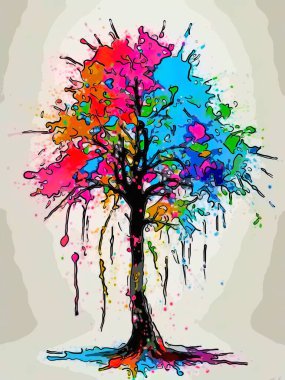 Renkli, çok renkli bir ağacı tasvir eden canlı, soyut dijital sanat; mükemmel arkaplan. 