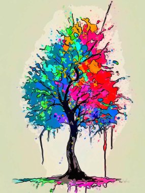 Renkli, çok renkli bir ağacı tasvir eden canlı, soyut dijital sanat; mükemmel arkaplan. 