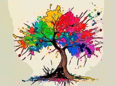 Renkli, çok renkli bir ağacı tasvir eden canlı, soyut dijital sanat; mükemmel arkaplan. 
