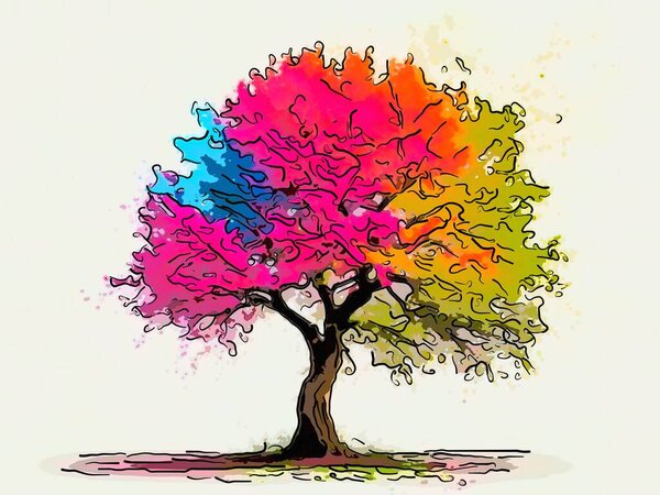 Живое абстрактное цифровое искусство, изображающее красочное разноцветное дерево; идеальный фон. 