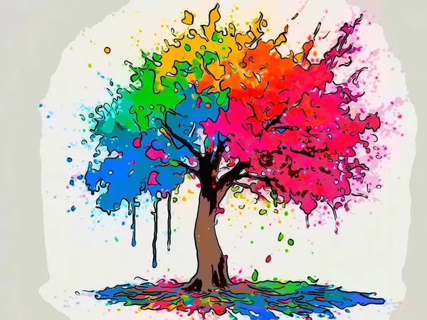 Vibrant abstract digital art depicting a colorful multi-colored tree; perfect backgrounds.