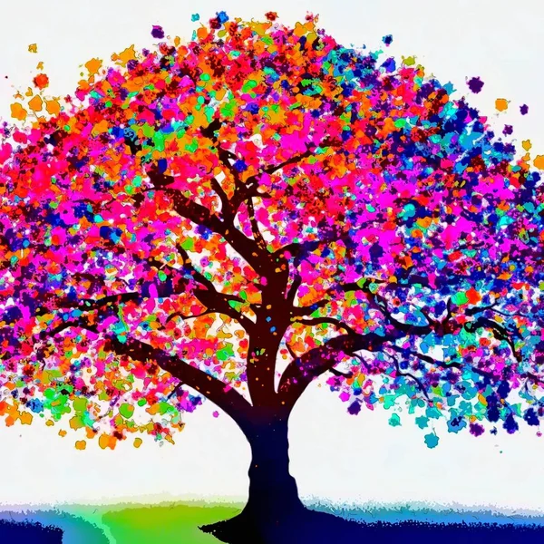 生动的抽象数字艺术 描绘了五彩斑斓的多彩树 完美的背景 — 图库照片