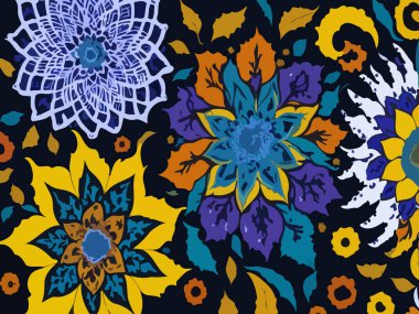 Vektör grafikleri kullanılarak yaratılmış soyut çiçek desenlerinin büyüleyici bir görüntüsü. Sanat eserleri, doğanın güzelliği ve karmaşık çiçek unsurları ile soyutlamanın ifade özgürlüğünü birleştirir..