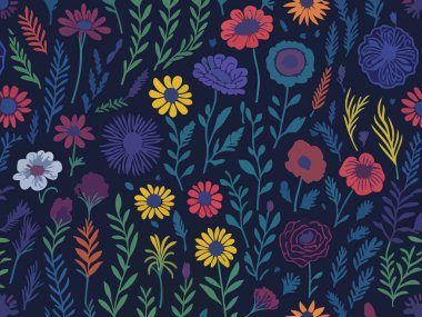 Vektör grafikleri kullanılarak oluşturulan soyut çiçek desenlerinin büyüleyici bir görüntüsü.