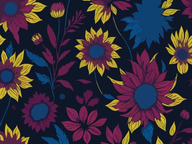 Vektör grafikleri kullanılarak oluşturulan soyut çiçek desenlerinin büyüleyici bir görüntüsü.