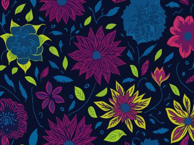 Vektör grafikleri kullanılarak oluşturulan soyut çiçek desenlerinin büyüleyici bir görüntüsü.