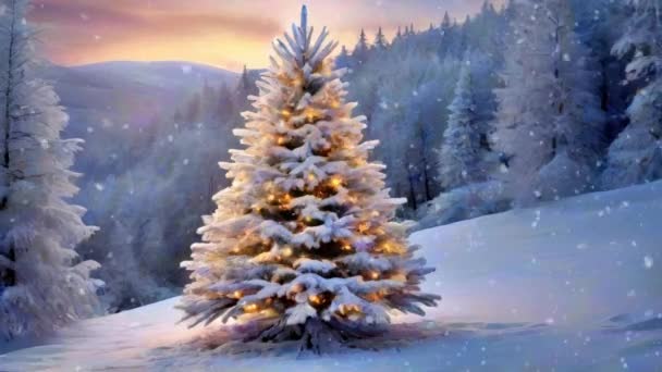 Salju Jatuh Atas Pohon Natal Pada Lanskap Musim Dingin Terhadap — Stok Video