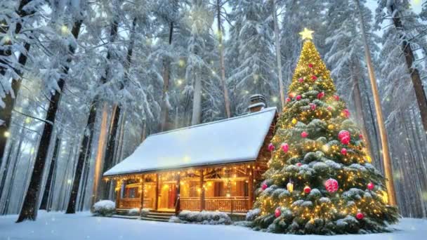 Kerstfeest Een Kerstboom Bedekt Met Sneeuw Winterseizoen Feestelijke Sfeer Van — Stockvideo