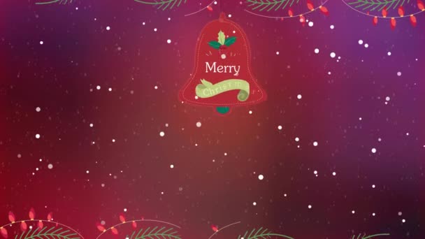 Campana Natale Neve Con Luci Sfondo Rosso Ondulato Animazione — Video Stock