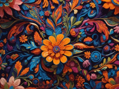 Siyah arka planda yaprakları ve çiçekleri olan kusursuz bir desen. Soyut çiçek desensiz desen tasarımı.