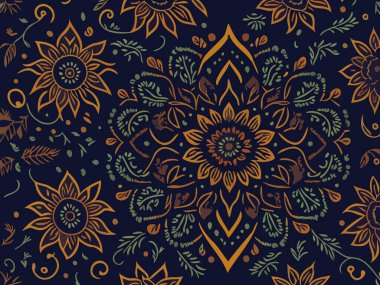 Siyah arka planda yaprakları ve çiçekleri olan kusursuz bir desen. Soyut çiçek desensiz desen tasarımı.