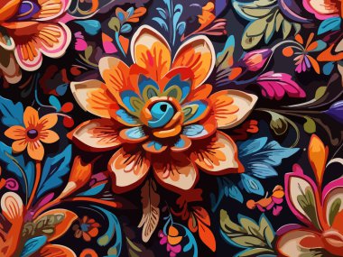 Siyah arka planda yaprakları ve çiçekleri olan kusursuz bir desen. Soyut çiçek desensiz desen tasarımı.