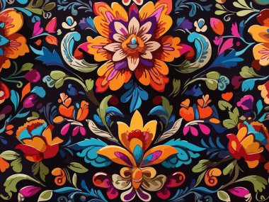 Siyah arka planda yaprakları ve çiçekleri olan kusursuz bir desen. Soyut çiçek desensiz desen tasarımı.