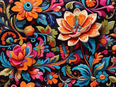 Siyah arka planda yaprakları ve çiçekleri olan kusursuz bir desen. Soyut çiçek desensiz desen tasarımı.