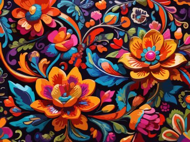 Siyah arka planda yaprakları ve çiçekleri olan kusursuz bir desen. Soyut çiçek desensiz desen tasarımı.