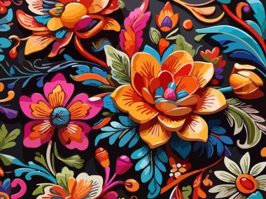 Siyah arka planda yaprakları ve çiçekleri olan kusursuz bir desen. Soyut çiçek desensiz desen tasarımı.