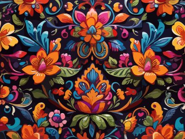 Siyah arka planda yaprakları ve çiçekleri olan kusursuz bir desen. Soyut çiçek desensiz desen tasarımı.