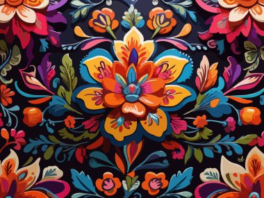 Siyah arka planda yaprakları ve çiçekleri olan kusursuz bir desen. Soyut çiçek desensiz desen tasarımı.