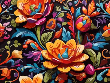 Siyah arka planda yaprakları ve çiçekleri olan kusursuz bir desen. Soyut çiçek desensiz desen tasarımı.