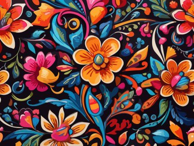 Siyah arka planda yaprakları ve çiçekleri olan kusursuz bir desen. Soyut çiçek desensiz desen tasarımı.