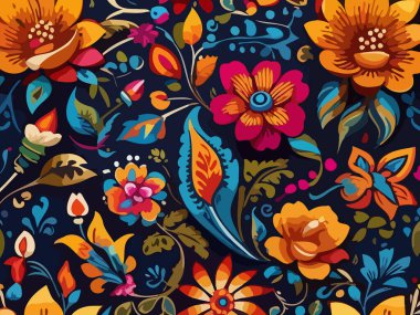 Siyah arka planda yaprakları ve çiçekleri olan kusursuz bir desen. Soyut çiçek desensiz desen tasarımı.