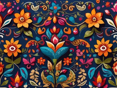 Siyah arka planda yaprakları ve çiçekleri olan kusursuz bir desen. Soyut çiçek desensiz desen tasarımı.