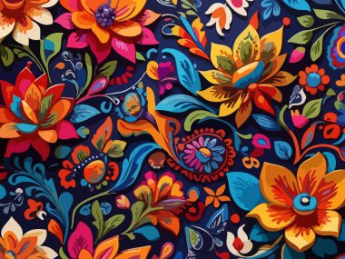 Siyah arka planda yaprakları ve çiçekleri olan kusursuz bir desen. Soyut çiçek desensiz desen tasarımı.