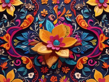 Siyah arka planda yaprakları ve çiçekleri olan kusursuz bir desen. Soyut çiçek desensiz desen tasarımı.