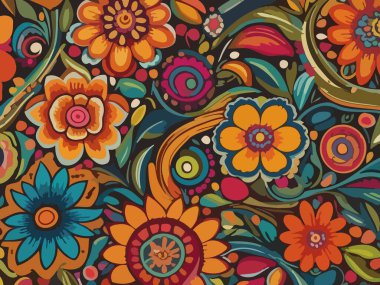 Siyah arka planda yaprakları ve çiçekleri olan kusursuz bir desen. Soyut çiçek desensiz desen tasarımı.