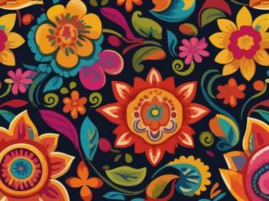 Siyah arka planda yaprakları ve çiçekleri olan kusursuz bir desen. Soyut çiçek desensiz desen tasarımı.