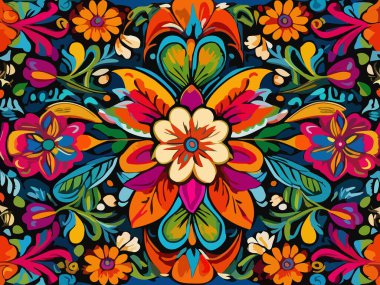 Siyah arka planda yaprakları ve çiçekleri olan kusursuz bir desen. Soyut çiçek desensiz desen tasarımı.