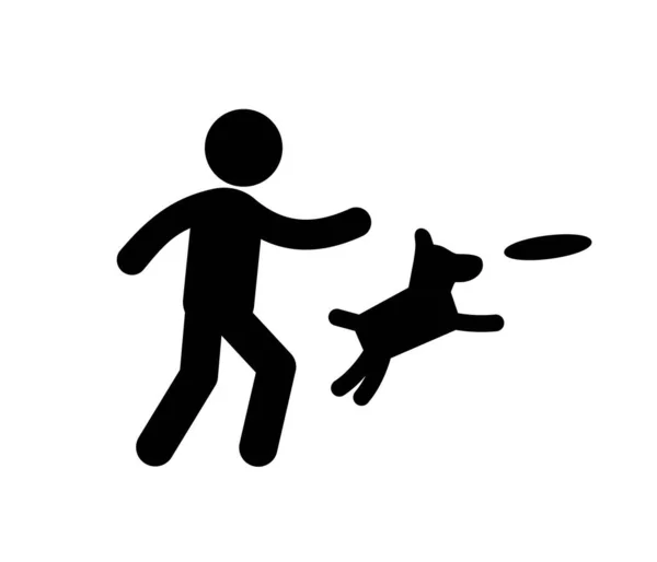 Hombre Lanzando Disco Perro Salto Icono Vector Derrame Cerebral Símbolo — Archivo Imágenes Vectoriales