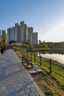Göl kenarındaki şehir merkezi manzarası. Gwanggyo Gölü Parkı Suwon Kore.