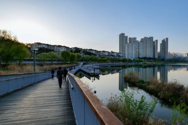 Göl kenarındaki şehir merkezi manzarası. Gwanggyo Gölü Parkı Suwon Kore.