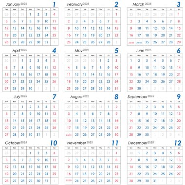Takvim _ snake _ 2025. 2025 takviminin basit bir vektör illüstrasyonunu oluştur. Tasarım, 12 ay boyunca ızgara şeklinde sergilenen temiz ve minimalist bir stile sahip olmalıdır. Her ay kendi bölümünde net ve okunabilir metinlerle temsil edilir..