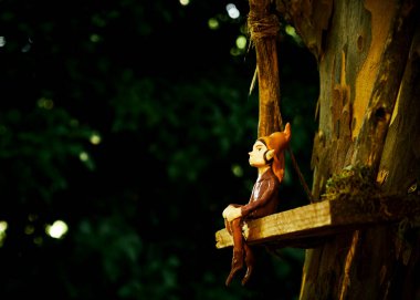 Tahta sopalı kahverengi bir ayının yakın çekimi.