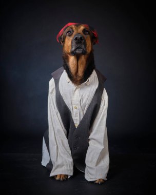 Siyah arka planda kostümlü bir köpek. Alman kurdu. Geleneksel Aragonlu kostümü. Fiestas del Pilar, İspanya. Aragon. Zaragoza