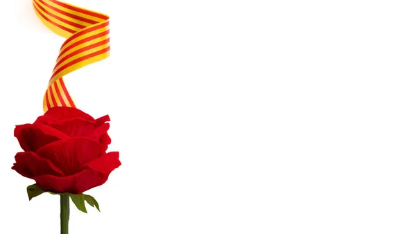 Bandiera Catalana Riccia Celebrazione Sant Jordi Sfondo Bianco Rosa Rossa — Foto Stock
