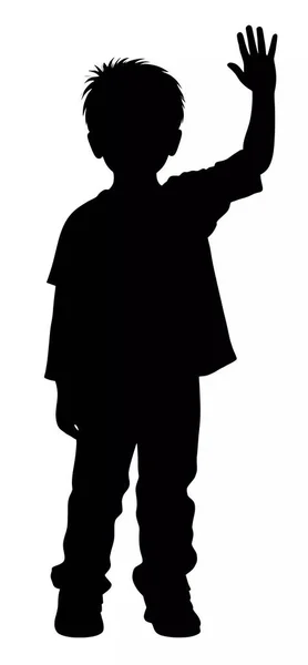 Black Silhouette Child Little Boy Stands Waves His Hand — Stock Vector