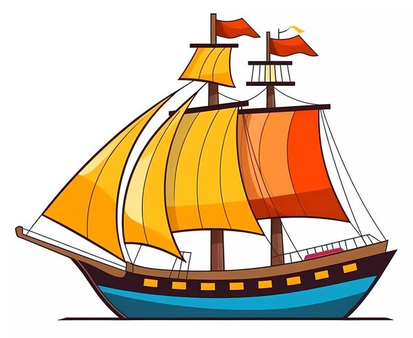 Игрушечный корабль с парусами. Детская, векторная иллюстрация корабля.