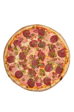 pizza with ham, sausage and gherkins isolated on white background. Big size