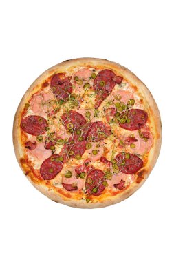 pizza with ham, sausage and gherkins isolated on white background. Small size