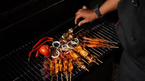 Grilled Various Food Chicken Beef Seafood Prawn Squid Satay Vegetable — Stock Photo, Image